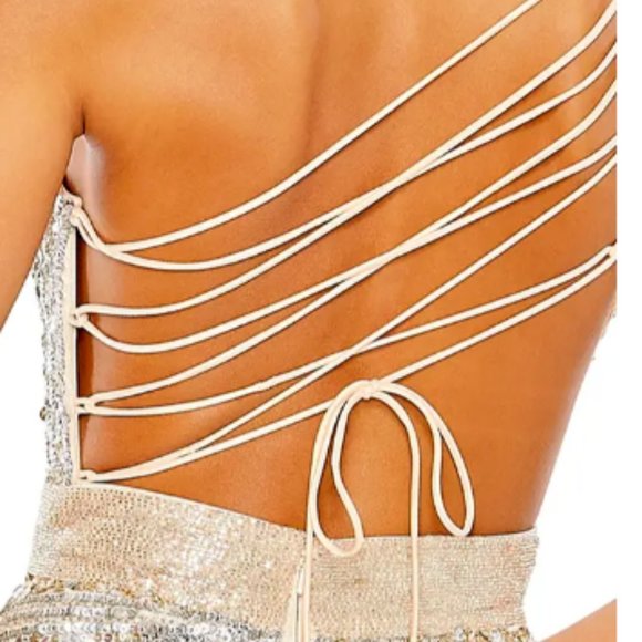 MAC DUGGAL ONE SHOULDER SEQUIN BEADED LACE UP BACK NUDE SILVER GOWN sz 12 - Picture 5 of 7